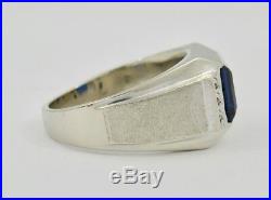 Vintage Men's 14k White Gold 2.25 Ct Square Blue Sapphire & Diamond Ring Sz 9.5