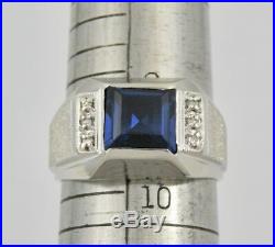 Vintage Men's 14k White Gold 2.25 Ct Square Blue Sapphire & Diamond Ring Sz 9.5