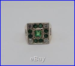Vintage Men's 14k Yellow Gold Green Emerald & Diamond Ring Halo pinky size 8