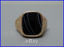 Vintage Men's 18k Gold Baroqu E Style Ring, Black Obsidian Stone, Size 11.75