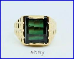 Vintage Men's 18k Yellow Gold Green Checkerboard Center Solitaire Ring Size 7.25