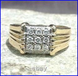 Vintage Men's 3 Row Round Diamond & 14k Yellow Gold Fluted Sides Ring