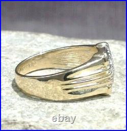 Vintage Men's 3 Row Round Diamond & 14k Yellow Gold Fluted Sides Ring