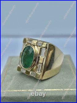 Vintage Men's 4ct Oval Green Emerald & Diamond Pinky Ring 14K Yellow Gold Over