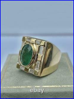 Vintage Men's 5.00ct Green Emerald & Diamond Ring In 18K Yellow Gold Over