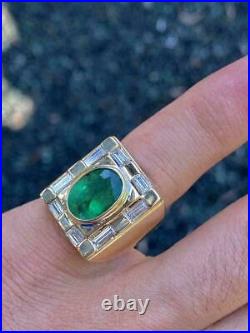 Vintage Men's 5.00ct Green Emerald & Diamond Ring In 18K Yellow Gold Over