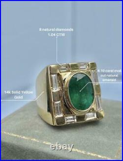 Vintage Men's 5.11ct Colombian Emerald & Diamond Ring in 18K Yellow Gold Over