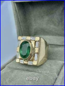 Vintage Men's 6.00ct Green Emerald & Diamond Pinky Ring 14K Yellow Gold Over