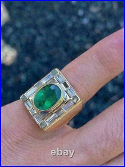 Vintage Men's 6 CT Green Emerald & Diamond Ring Engagement18K Yellow Gold Over