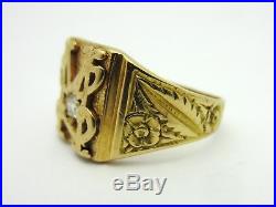 Vintage Men's Art Nouveau Diamond Carved Signet Ring 18k Yellow Gold Sz 11.75