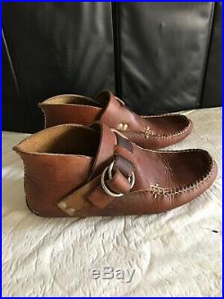 Vintage Men's Brown Leather Moccasin Brass Buckle RING Ankle BOOTS Size 10.5