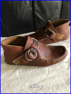 Vintage Men's Brown Leather Moccasin Brass Buckle RING Ankle BOOTS Size 10.5