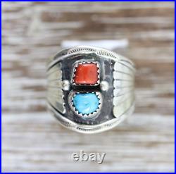 Vintage Men's Indian Native Am Sterling Silver 925 Coral Turquoise Ring 9.25