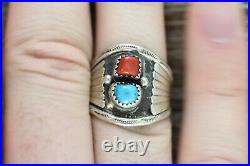 Vintage Men's Indian Native Am Sterling Silver 925 Coral Turquoise Ring 9.25