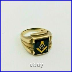 Vintage Men's Masonic Solid 10k Yellow Gold Ring Art Deco Size 8 Faux Onyx 5.1g