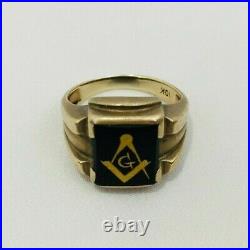 Vintage Men's Masonic Solid 10k Yellow Gold Ring Art Deco Size 8 Faux Onyx 5.1g