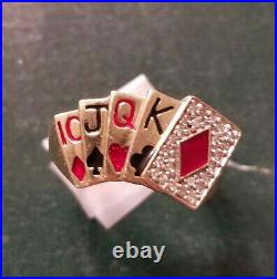 Vintage Men's Poker Cards 10k Gold, Diamond & Enamel Ring / Sz 10