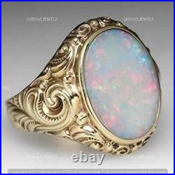 Vintage Men's Ring Solitaire 3 Ct Oval Cut Simulated Opal 14K Yellow Gold Plated