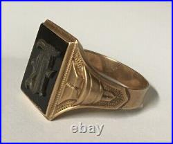 Vintage Men's Signet 10k Solid Gold Old English F Initial Black Onyx Size 12