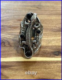 Vintage Men's Size 9 Sterling Silver 925 Heavy Artist Made Lizard Onyx Ring