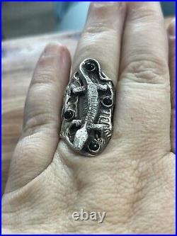 Vintage Men's Size 9 Sterling Silver 925 Heavy Artist Made Lizard Onyx Ring