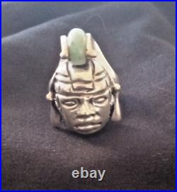 Vintage, Men's Sterling Silver Aztec ring with Jade, size 9, sizable