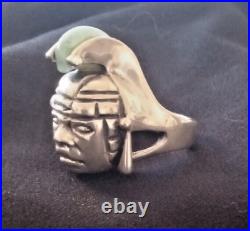 Vintage, Men's Sterling Silver Aztec ring with Jade, size 9, sizable