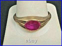 Vintage Men's Yellow Gold Diamond & Synthetic Ruby Signet Ring Size 13.25
