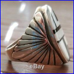Vintage Men's Zuni Mother Of Pearl Onyx Sterling 925 Ring 21.5 Grams Size 11