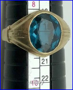 Vintage Mens 10K Solid Yellow Gold 4.2ct Blue Green Oval Topaz Ring sz. 8 3/4