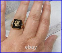 Vintage Mens 10K Yellow Gold BLack Onyx Signet Initial RIng Crescent Moon 9 R