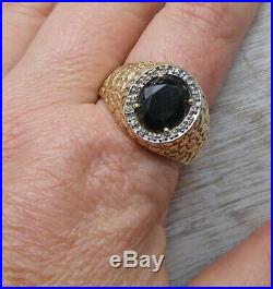Vintage Mens 10K Yellow Gold Faceted Black Onyx Diamond Nugget Design Ring 11.75