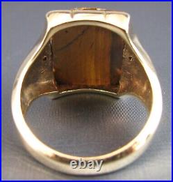 Vintage Mens 10K Yellow Gold Intaglio Cameo Tigers Eye & Diamond Ring Sz 11