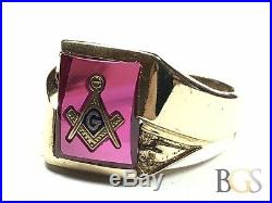 Vintage Mens 10K Yellow Gold Ruby Masonic Freemason Ring Size 9.75