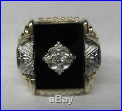 Vintage Mens 10k Solid Gold 2-tone Onyx &. 18 Ct. Diamond Ring Sharp