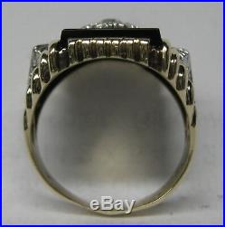 Vintage Mens 10k Solid Gold 2-tone Onyx &. 18 Ct. Diamond Ring Sharp