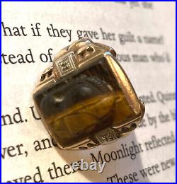 Vintage Mens 10k Solid Yellow Gold Carved Tiger Eye Cameo Roman Ring Size 7.75