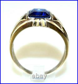 Vintage Mens 10k White Gold Simulated Blue Sapphire Faux Diamond Ring Size 11.5