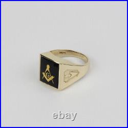 Vintage Mens 10k Yellow Gold, Black Onyx Freemason Masonic Ring Size 8.5