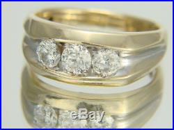 Vintage Mens 14K Yellow Gold 3-Stone 1.33ctw Natural Diamond Ring Size 1