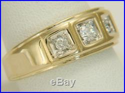Vintage Mens 14k Yellow Gold 3 Stone. 33ctw Diamond Wedding Band Size 10
