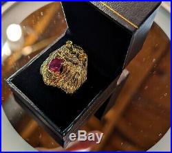 Vintage Mens 14k gold Diamond & Ruby Lions Head Ring 17.45 Gr. Weight