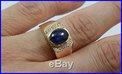 Vintage Mens 3.62tcw Blue Star Sapphire And Diamonds Ring 14k Yellow Gold Solid