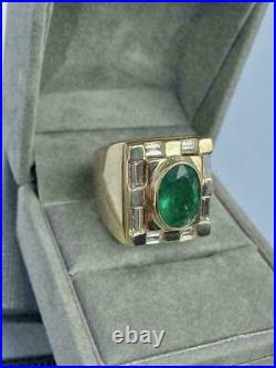 Vintage Mens 5 Ct Simulated Green Emerald Engagement Ring 14K Yellow Gold Plated