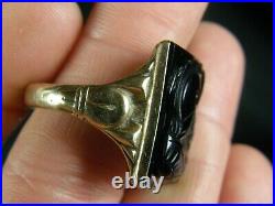 Vintage Mens Black Onyx Roman Soldier Cameo Ring 10k Gold Art Deco Victorian