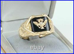 Vintage Mens Gents 10K Gold Onyx & Diamond Double Headed Eagle Signet Ring