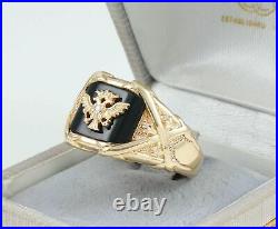 Vintage Mens Gents 10K Gold Onyx & Diamond Double Headed Eagle Signet Ring