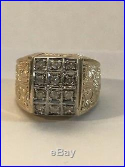 Vintage Mens Large Gold & Diamonds Ring In Size 9 With Amazing Carvings Design