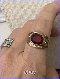 Vintage Mens Signet Ring Gold w Red Glass Stone Sz 10 Marked CU