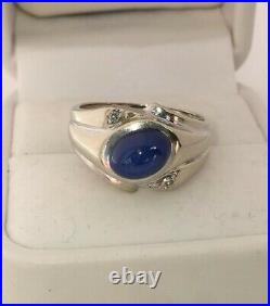 Vintage Mens Solid 14kt White Gold Star Blue Sapphire & Diamond Ring Size 9.5